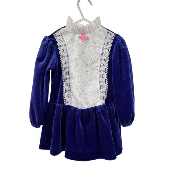 Vintage Toddler Girls 4T Blue Velvet Lace Dress Long Sleeve Party Holiday Used - Picture 1 of 16